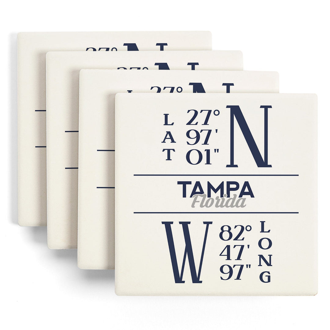 Tampa, Florida, Latitude & Longitude (Blue), Lantern Press Artwork, Coaster Set Coasters Lantern Press 