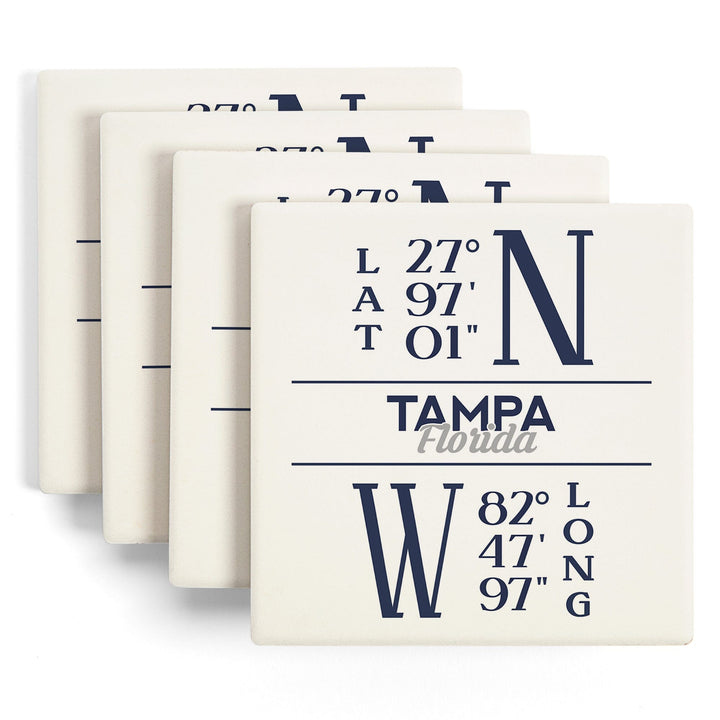 Tampa, Florida, Latitude & Longitude (Blue), Lantern Press Artwork, Coaster Set Coasters Lantern Press 