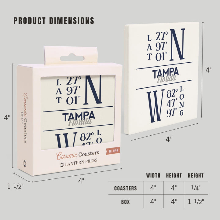 Tampa, Florida, Latitude & Longitude (Blue), Lantern Press Artwork, Coaster Set Coasters Lantern Press 