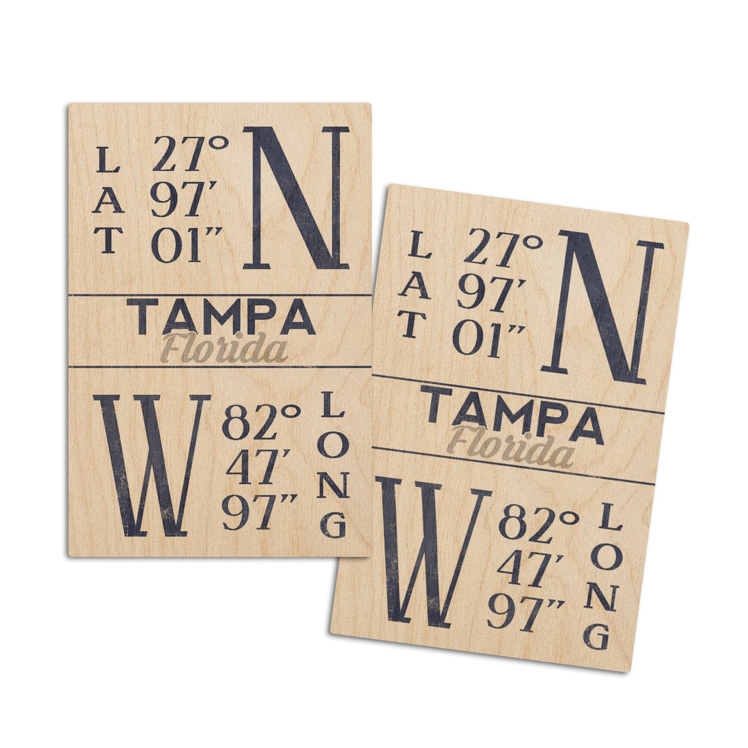 Tampa, Florida, Latitude & Longitude (Blue), Lantern Press Artwork, Wood Signs and Postcards Wood Lantern Press 4x6 Wood Postcard Set 
