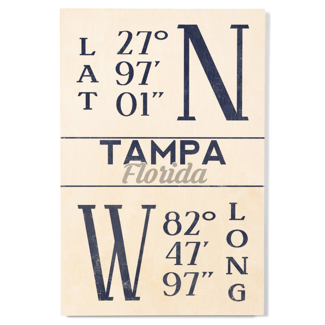 Tampa, Florida, Latitude & Longitude (Blue), Lantern Press Artwork, Wood Signs and Postcards Wood Lantern Press 