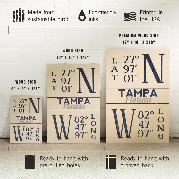 Tampa, Florida, Latitude & Longitude (Blue), Lantern Press Artwork, Wood Signs and Postcards Wood Lantern Press 