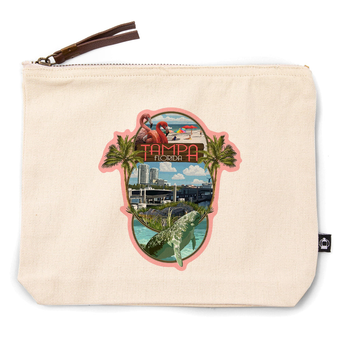 Tampa, Florida, Montage,, Organic Cotton Zipper Pouch, Go Bag Go Bag Lantern Press 