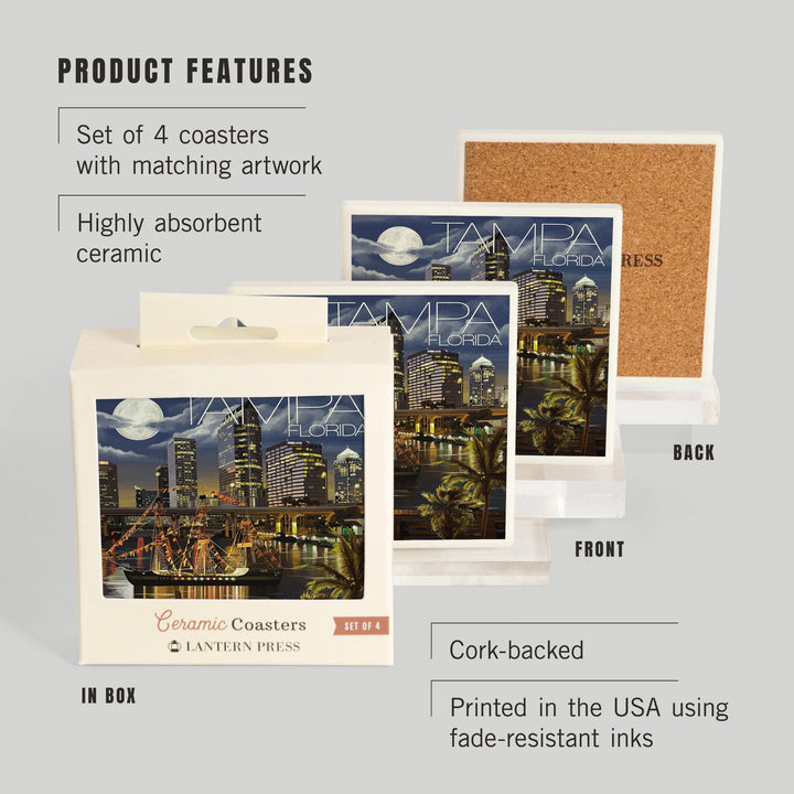 Tampa, Florida, Skyline at Night, Coasters Coasters Lantern Press 