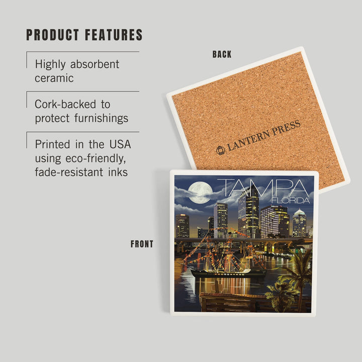 Tampa, Florida, Skyline at Night, Coasters Coasters Lantern Press 