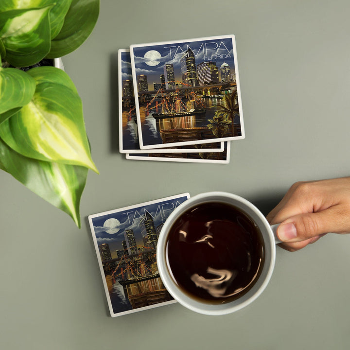 Tampa, Florida, Skyline at Night, Coasters Coasters Lantern Press 