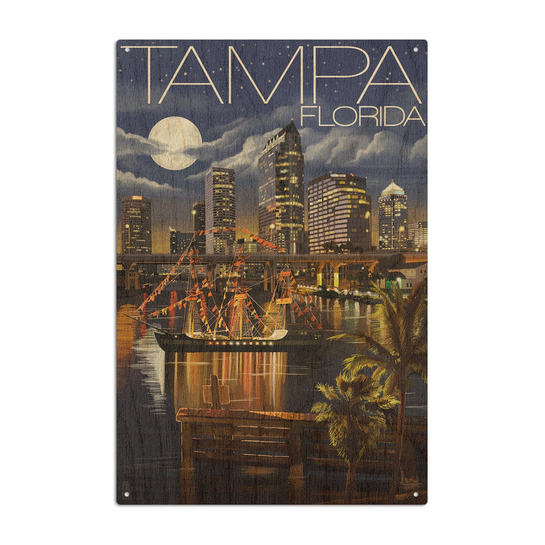 Tampa, Florida, Skyline at Night, Lantern Press Artwork, Wood Signs and Postcards Wood Lantern Press 10 x 15 Wood Sign 