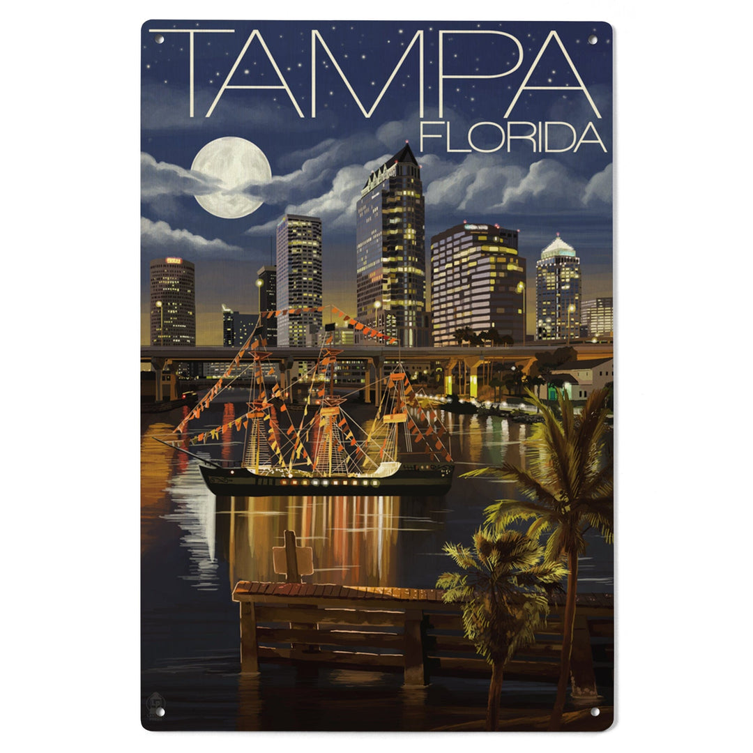 Tampa, Florida, Skyline at Night, Lantern Press Artwork, Wood Signs and Postcards Wood Lantern Press 