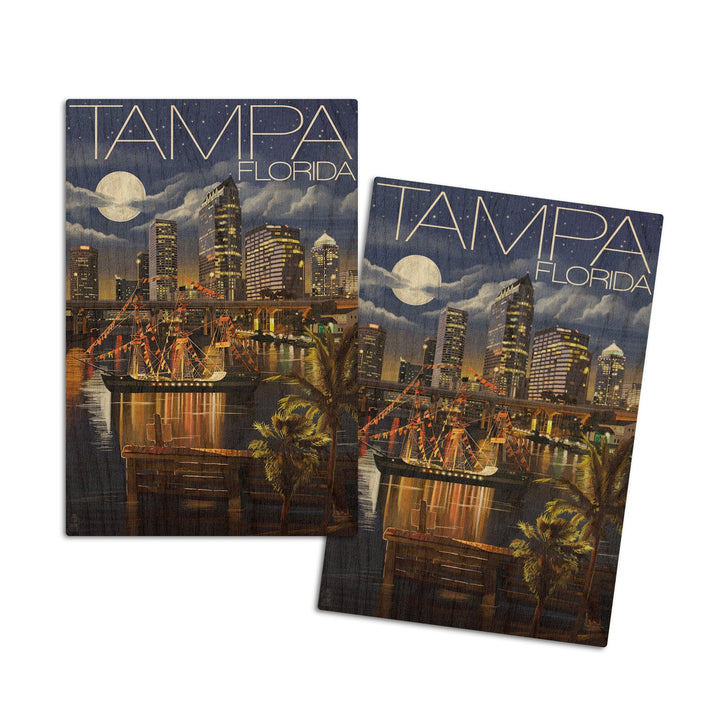 Tampa, Florida, Skyline at Night, Lantern Press Artwork, Wood Signs and Postcards Wood Lantern Press 4x6 Wood Postcard Set 