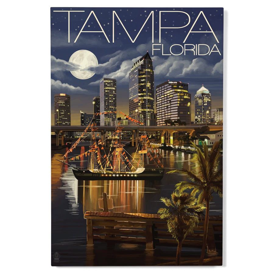 Tampa, Florida, Skyline at Night, Lantern Press Artwork, Wood Signs and Postcards Wood Lantern Press 
