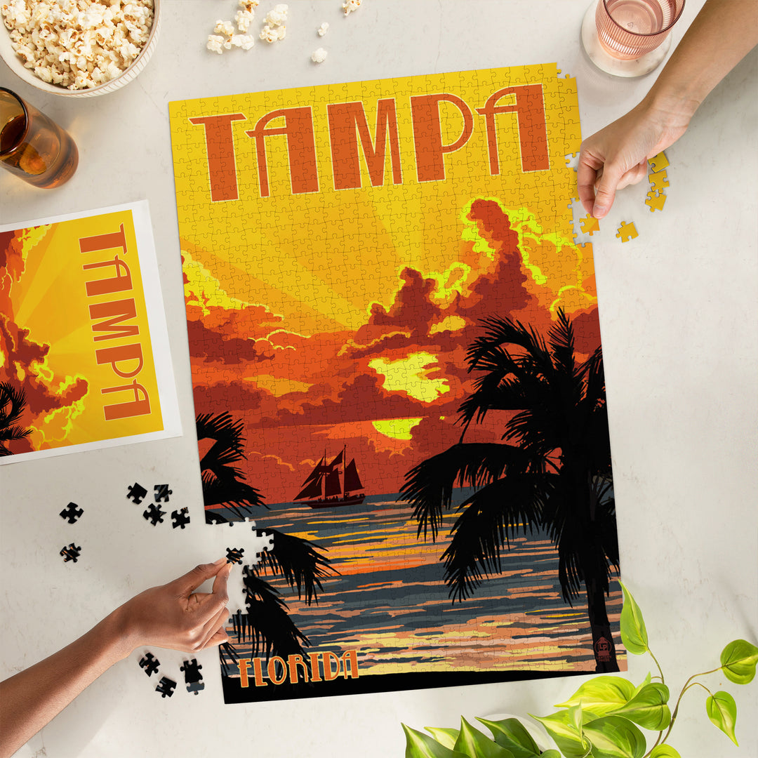 Tampa, Florida, Sunset and Ship, Jigsaw Puzzle Puzzle Lantern Press 