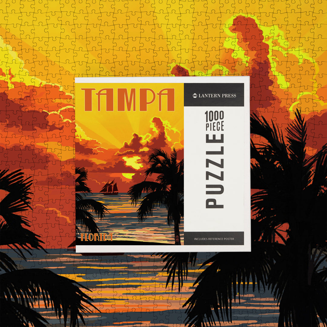 Tampa, Florida, Sunset and Ship, Jigsaw Puzzle Puzzle Lantern Press 