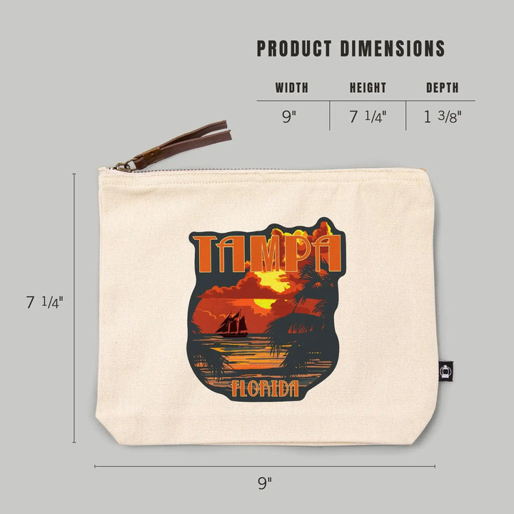 Tampa, Florida, Sunset and Ship,, Organic Cotton Zipper Pouch, Go Bag Go Bag Lantern Press 