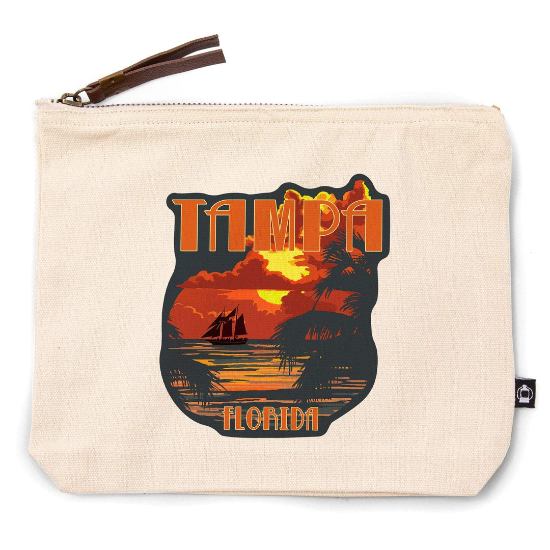 Tampa, Florida, Sunset and Ship,, Organic Cotton Zipper Pouch, Go Bag Go Bag Lantern Press 
