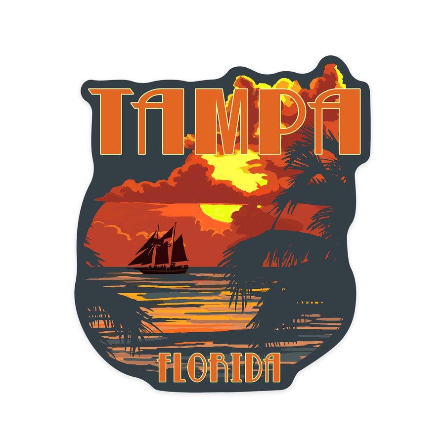 Tampa, Florida, Sunset & Ship, Contour, Lantern Press Artwork, Vinyl Sticker Sticker Lantern Press 