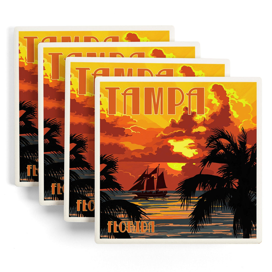 Tampa, Florida, Sunset & Ship, Lantern Press Artwork, Coaster Set Coasters Lantern Press 