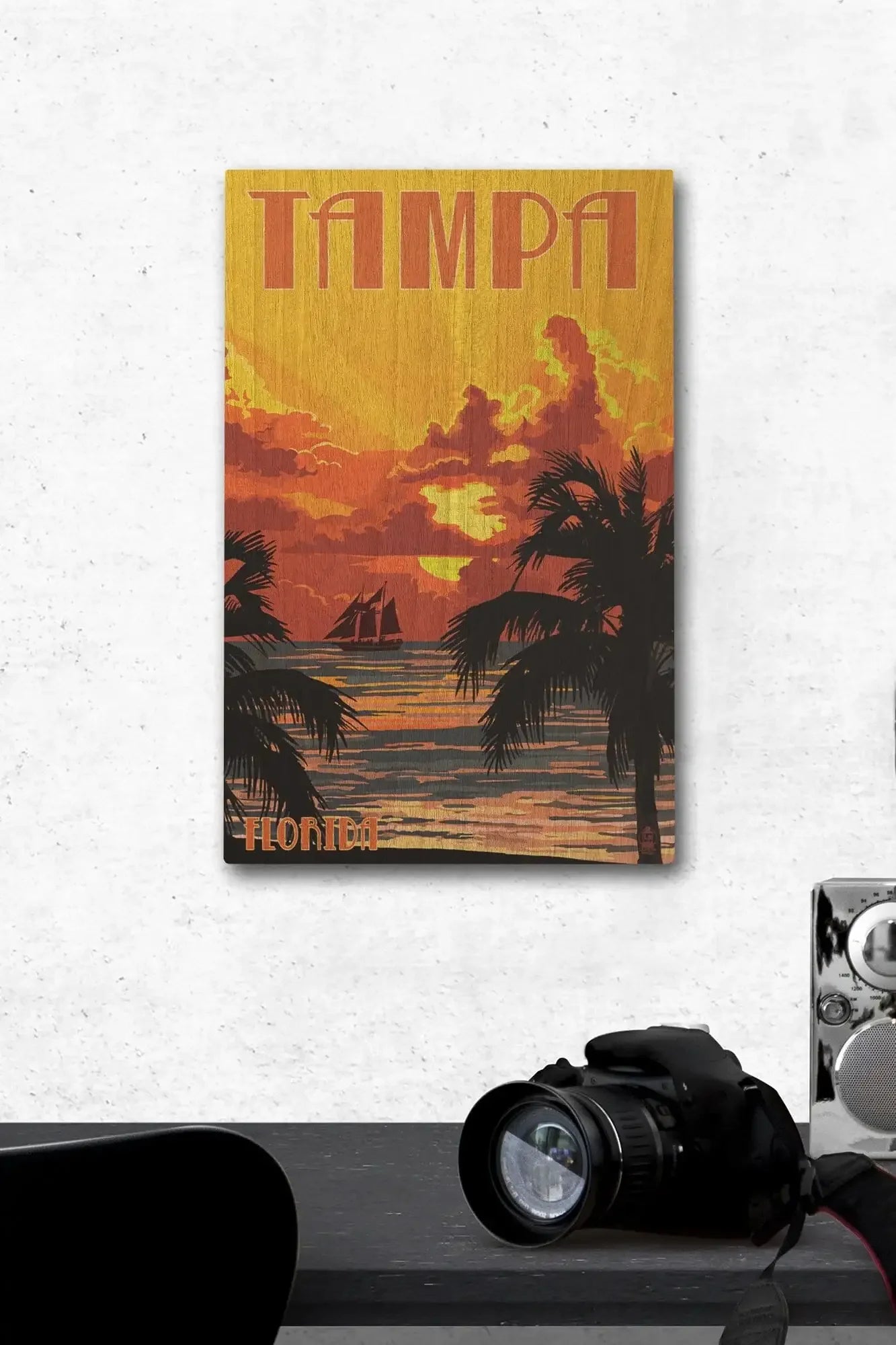 Tampa, Florida, Sunset & Ship, Lantern Press Artwork, Wood Signs and P