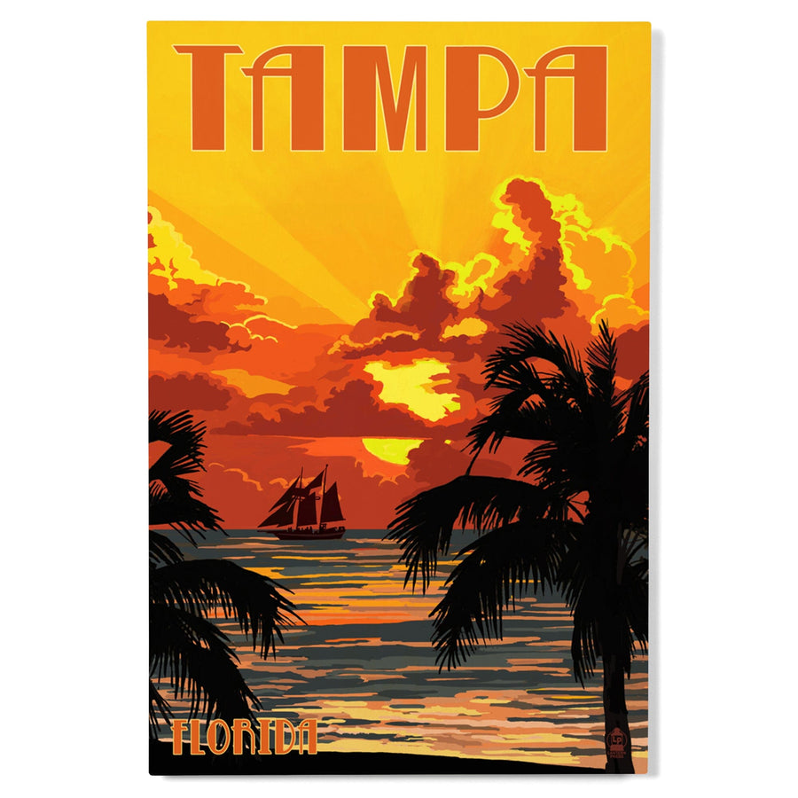 Tampa, Florida, Sunset & Ship, Lantern Press Artwork, Wood Signs and Postcards Wood Lantern Press 