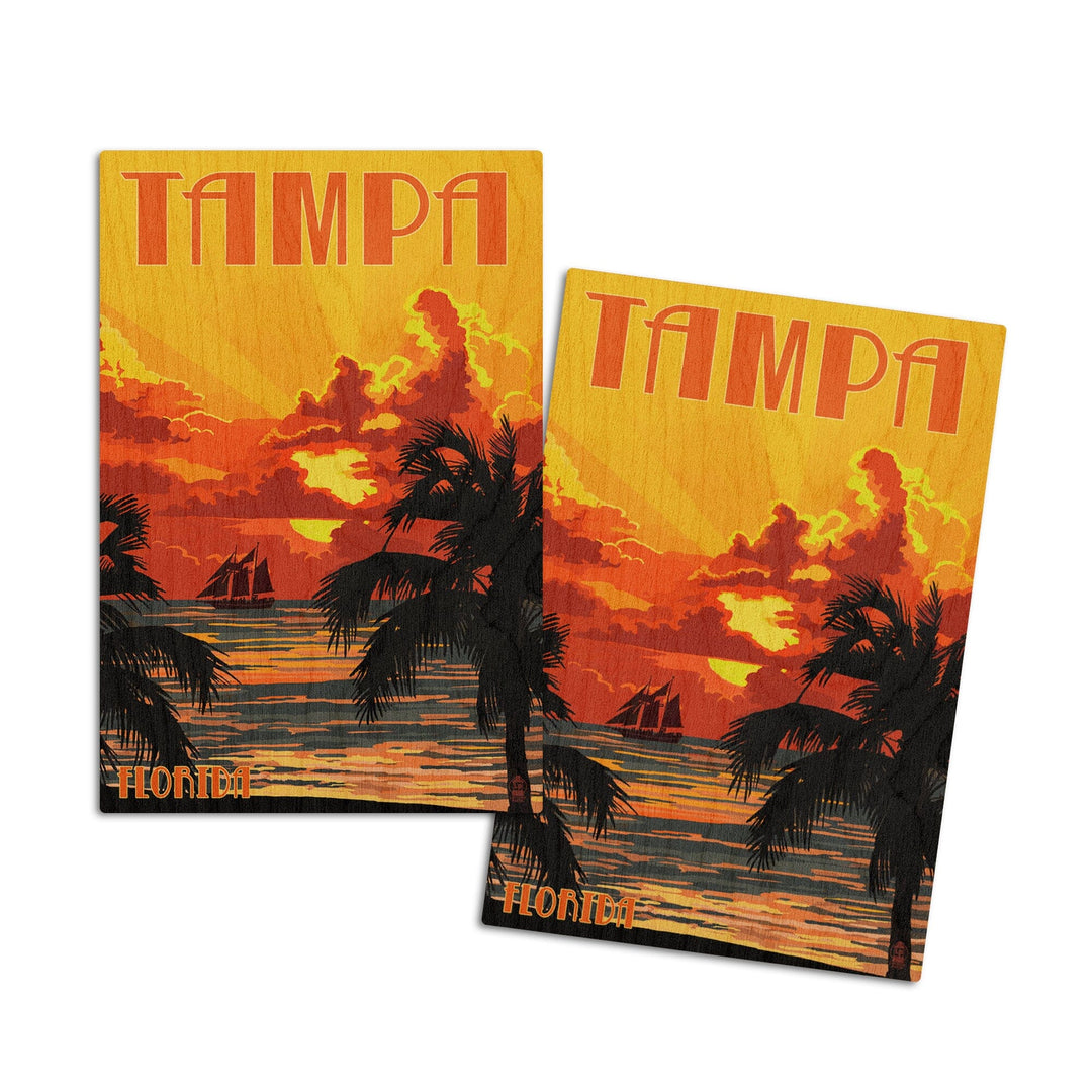 Tampa, Florida, Sunset & Ship, Lantern Press Artwork, Wood Signs and Postcards Wood Lantern Press 4x6 Wood Postcard Set 