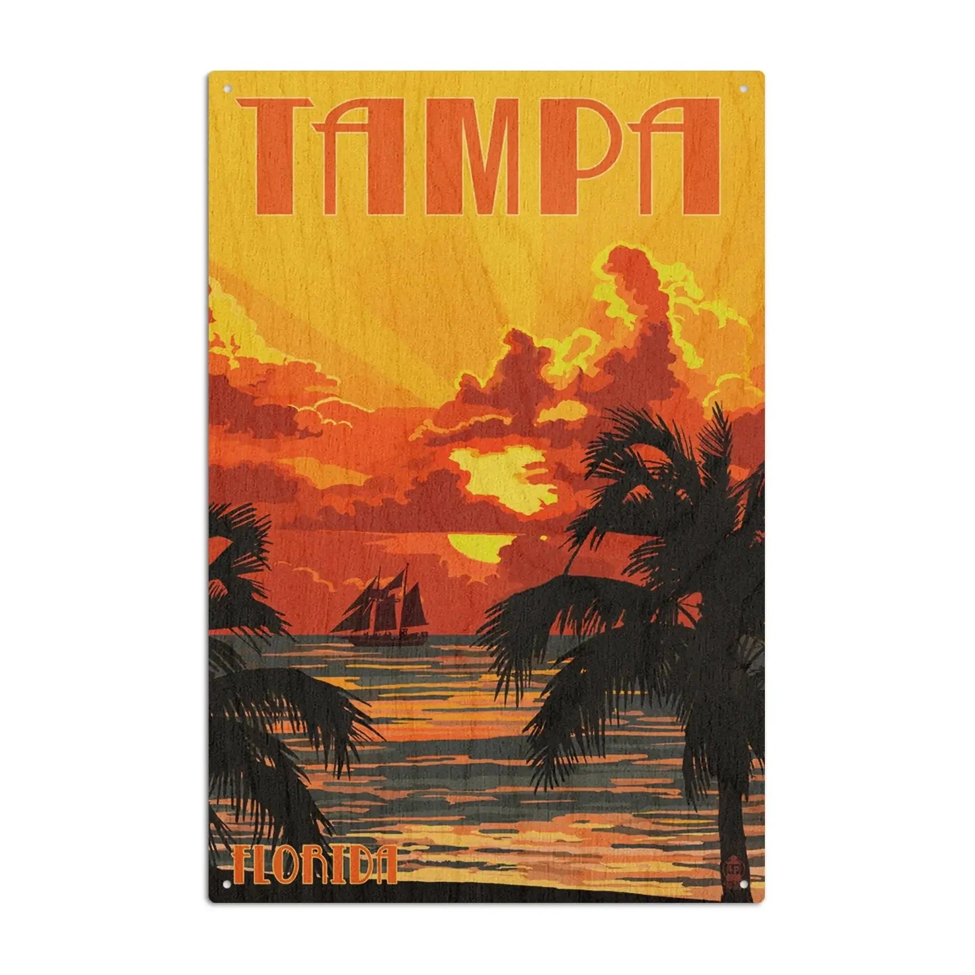 Tampa, Florida, Sunset & Ship, Lantern Press Artwork, Wood Signs and P
