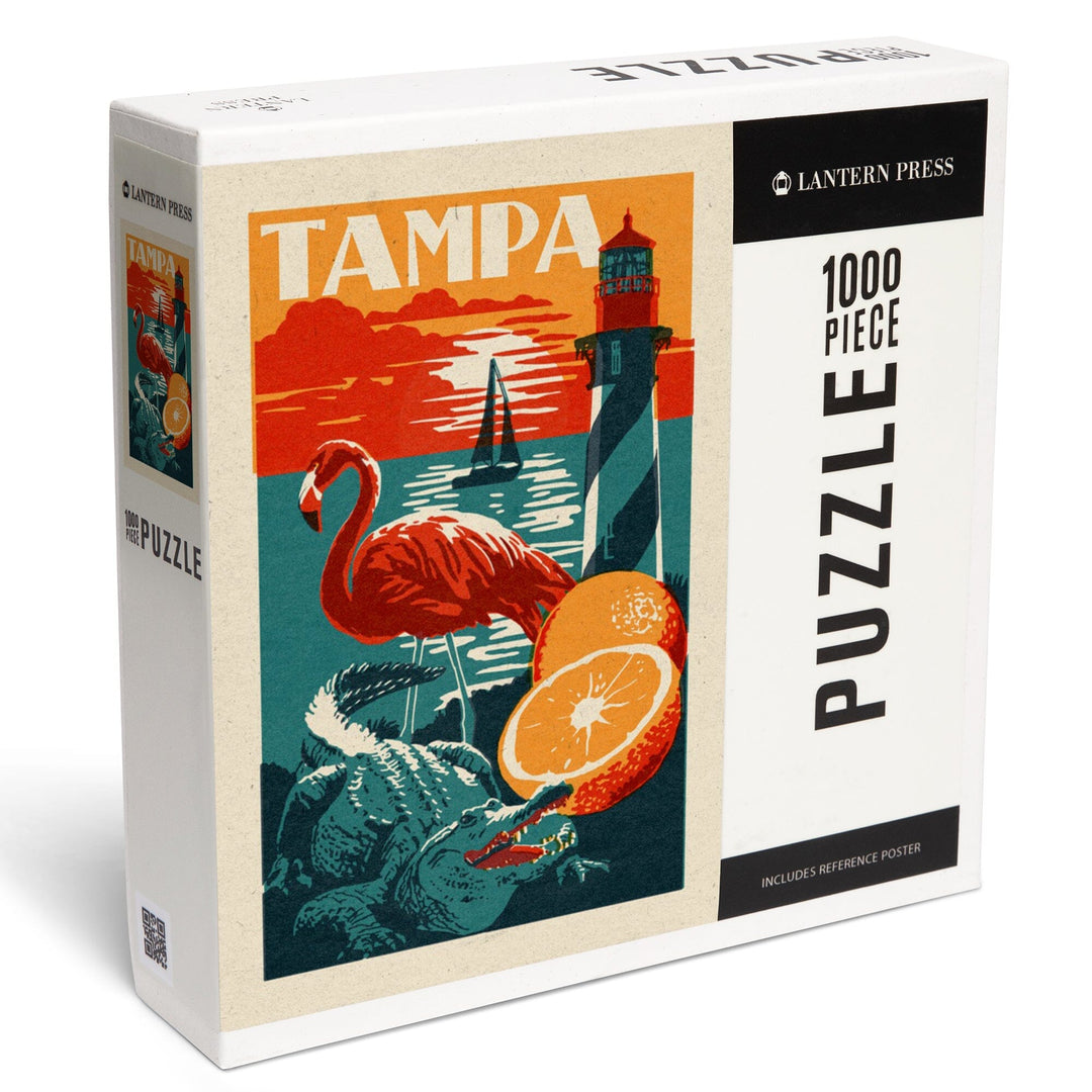 Tampa, Florida, Woodblock, Jigsaw Puzzle Puzzle Lantern Press 