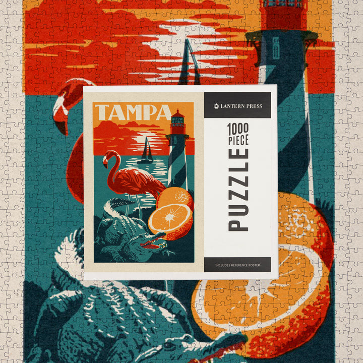 Tampa, Florida, Woodblock, Jigsaw Puzzle Puzzle Lantern Press 