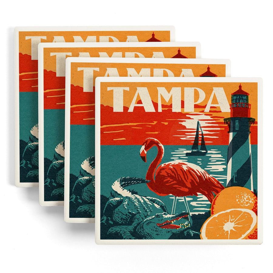 Tampa, Florida, Woodblock, Lantern Press Artwork, Coaster Set Coasters Lantern Press 