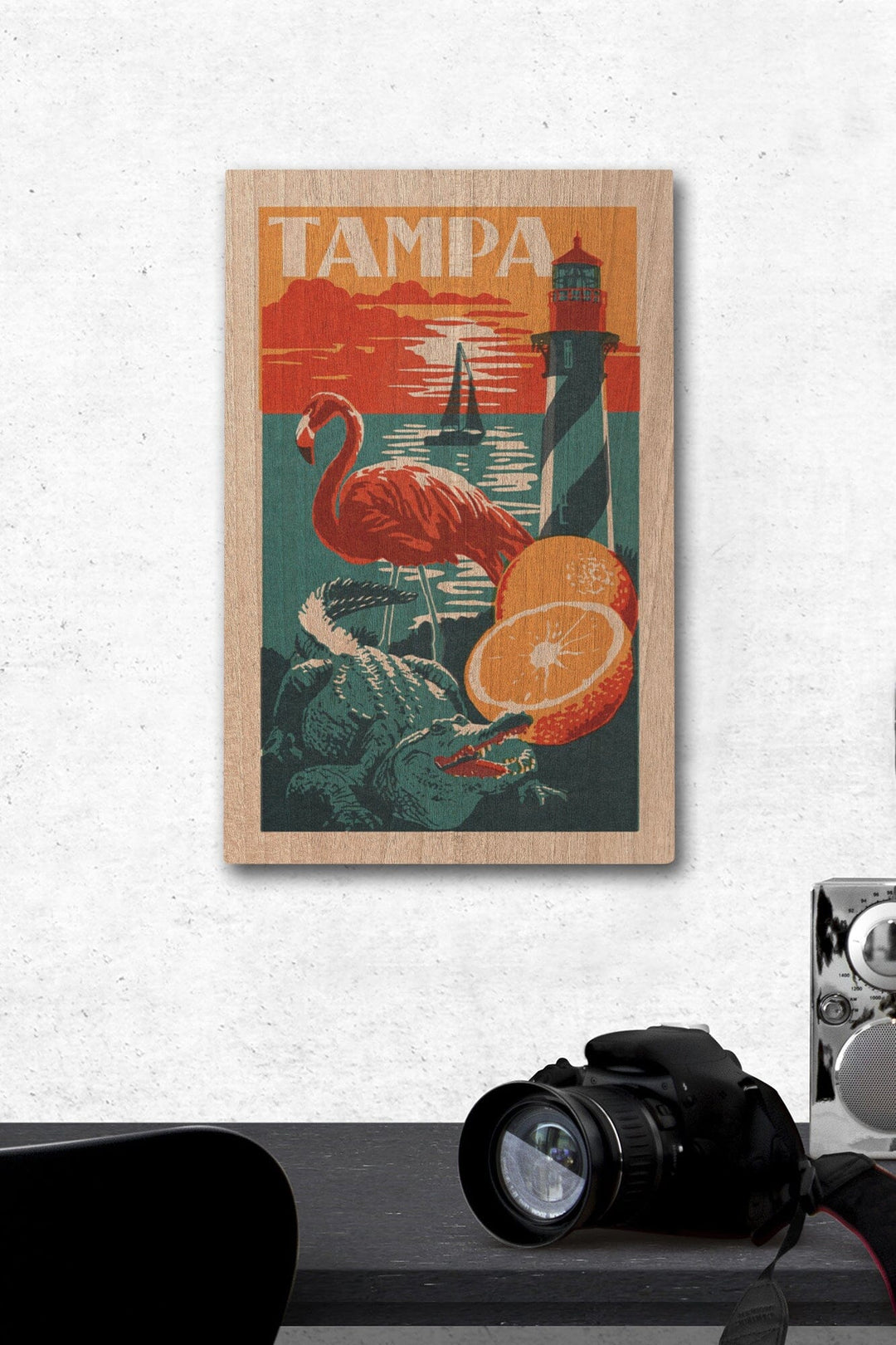 Tampa, Florida, Woodblock, Lantern Press Artwork, Wood Signs and Postcards Wood Lantern Press 12 x 18 Wood Gallery Print 