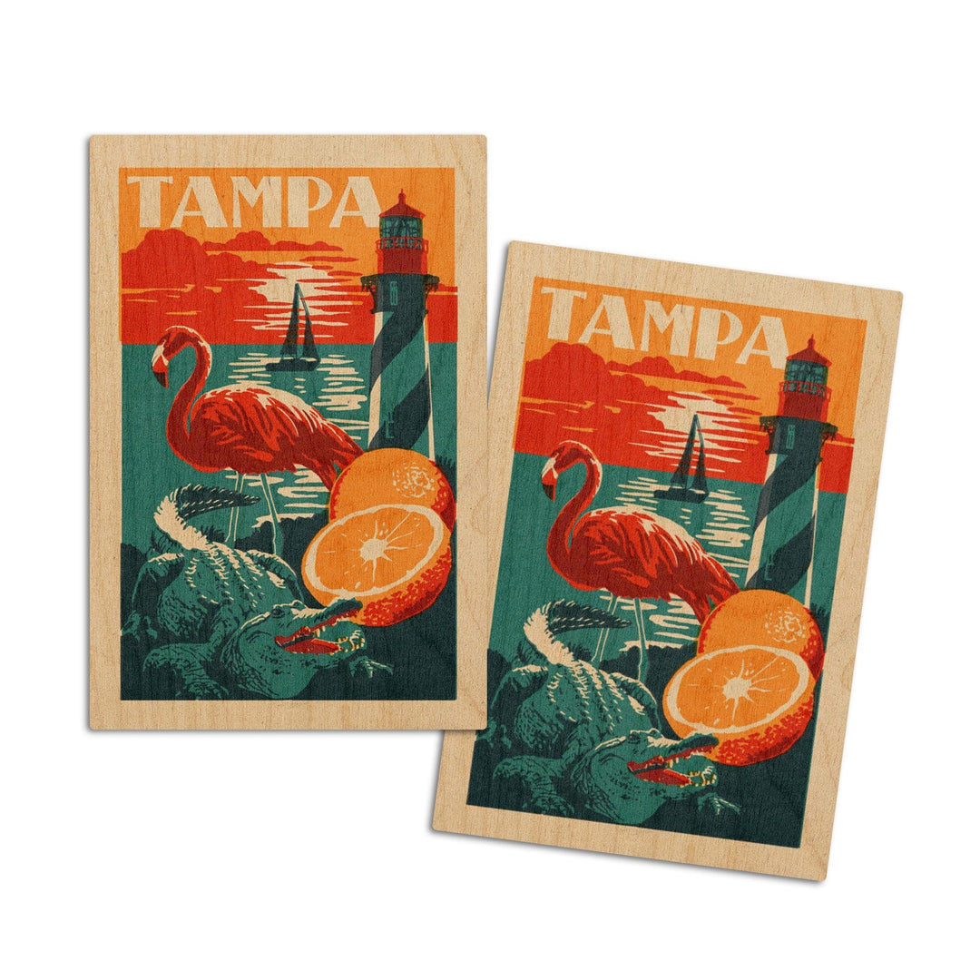 Tampa, Florida, Woodblock, Lantern Press Artwork, Wood Signs and Postcards Wood Lantern Press 4x6 Wood Postcard Set 