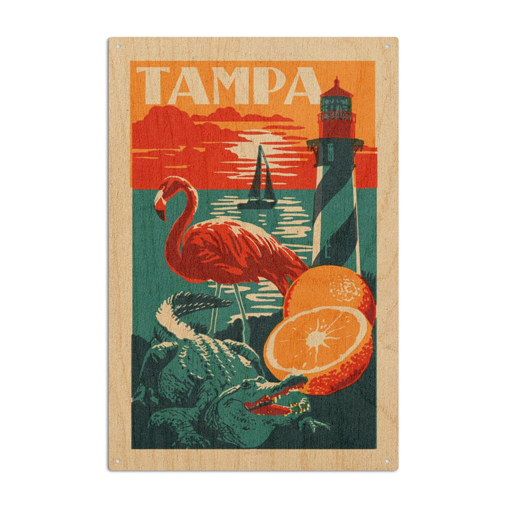 Tampa, Florida, Woodblock, Lantern Press Artwork, Wood Signs and Postcards Wood Lantern Press 6x9 Wood Sign 