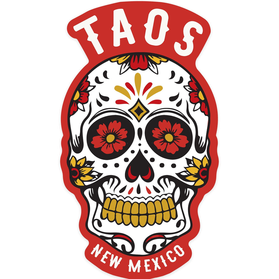Taos, New Mexico, Day of the Dead, Sugar Skull & Flower Pattern, Contour, Lantern Press Artwork, Vinyl Sticker Sticker Lantern Press 