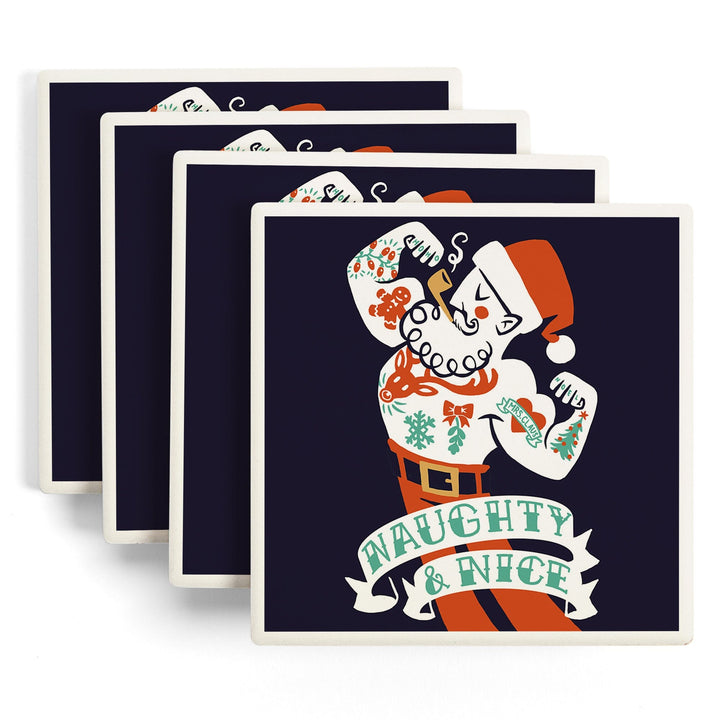 Tattoo Santa, Retro Christmas, Lantern Press Artwork, Coaster Set Coasters Lantern Press 