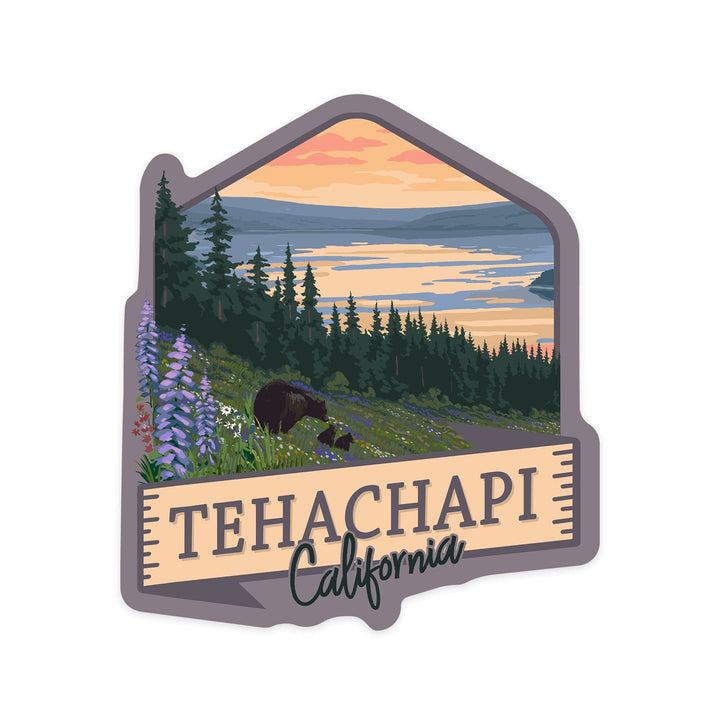 Tehachapi, California, Bears and Spring Flowers, Contour, Vinyl Sticker Sticker Lantern Press 