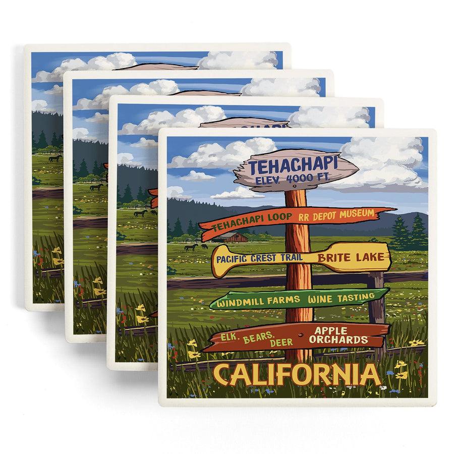 Tehachapi, California, Destination Signpost, Lantern Press Artwork, Coaster Set Coasters Lantern Press 