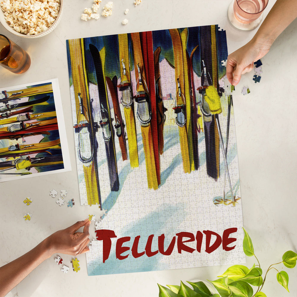 Telluride, Colorado, Colorful Skis, Jigsaw Puzzle Puzzle Lantern Press 