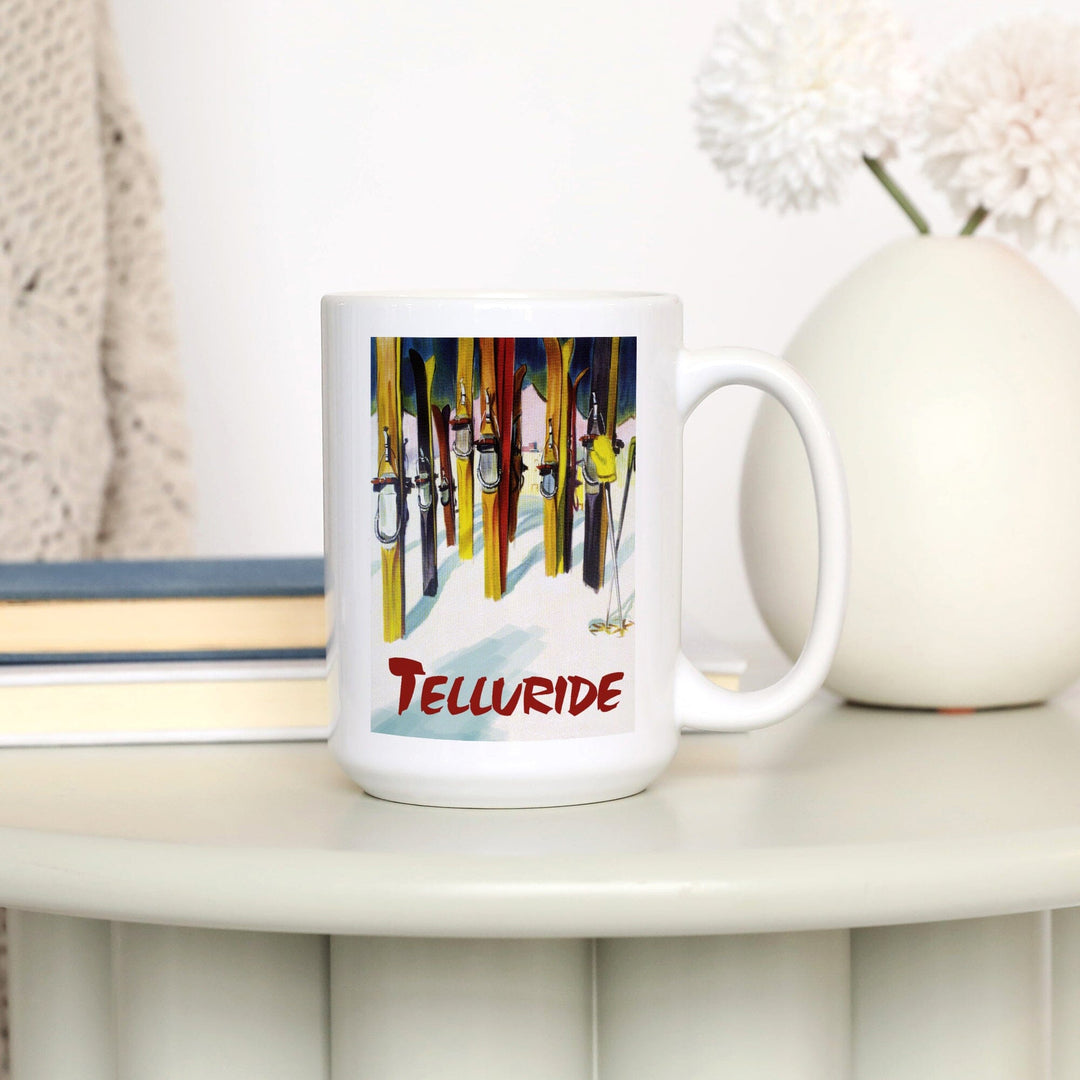Telluride, Colorado, Colorful Skis, Lantern Press Artwork, Ceramic Mug Mugs Lantern Press 