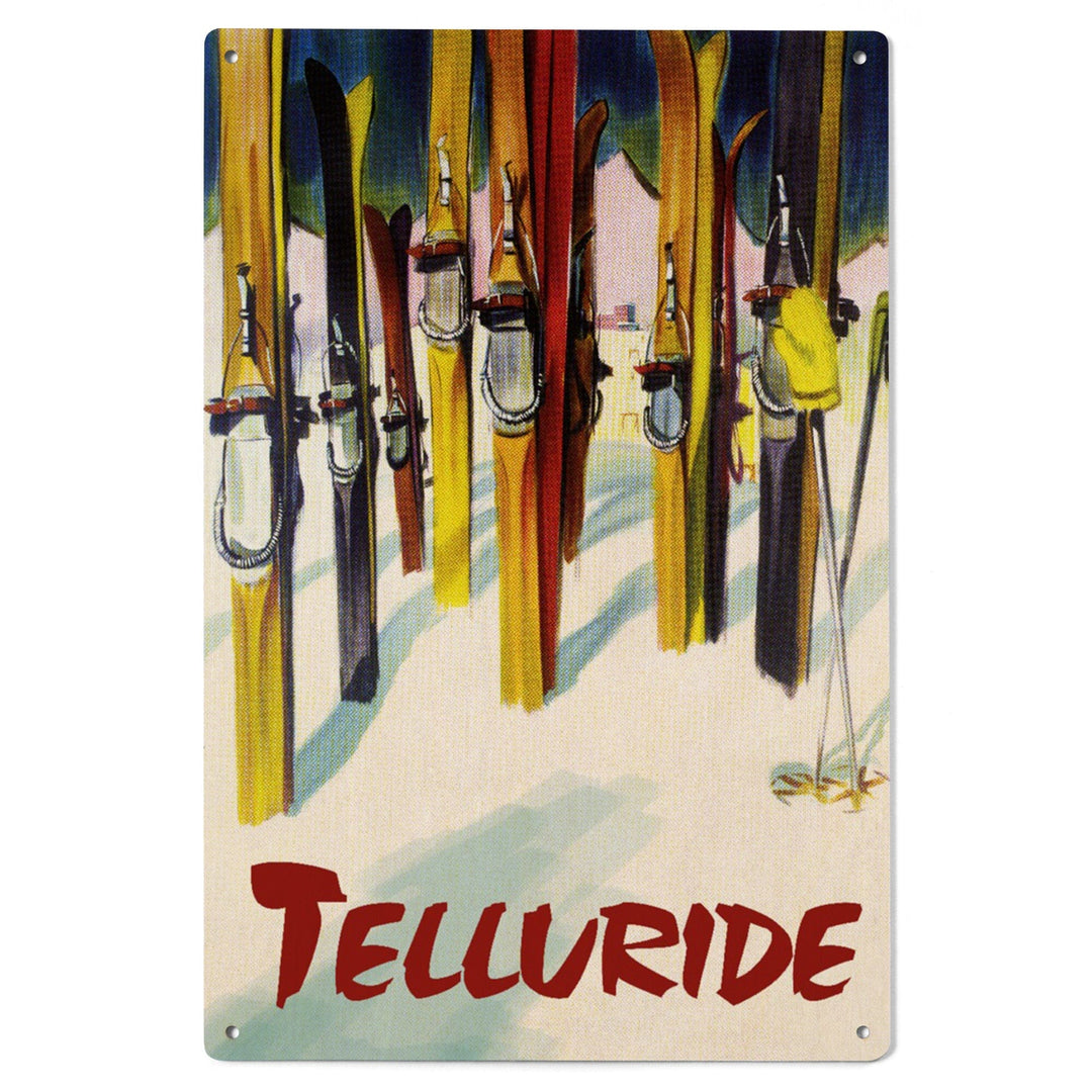 Telluride, Colorado, Colorful Skis, Lantern Press Artwork, Wood Signs and Postcards Wood Lantern Press 