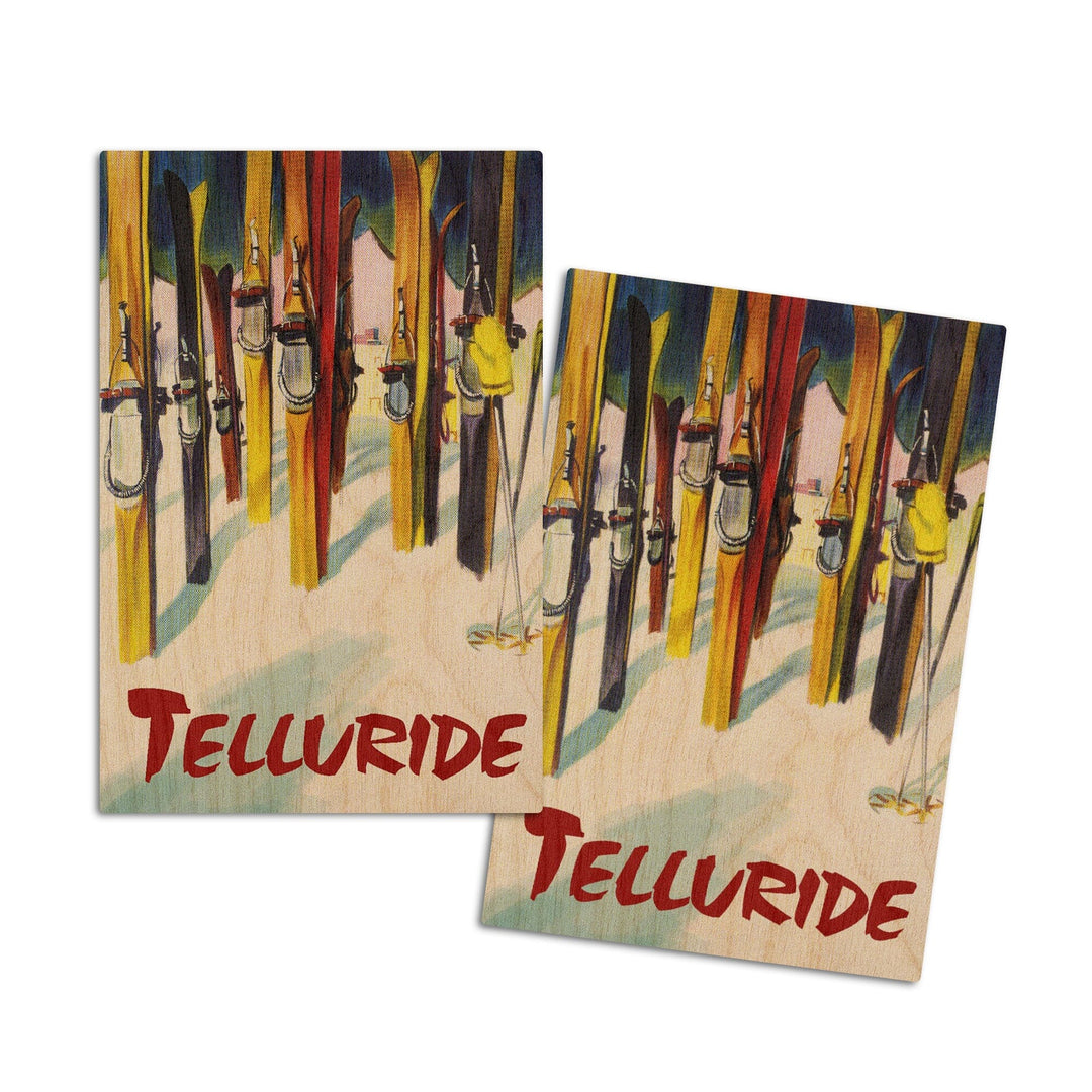 Telluride, Colorado, Colorful Skis, Lantern Press Artwork, Wood Signs and Postcards Wood Lantern Press 4x6 Wood Postcard Set 
