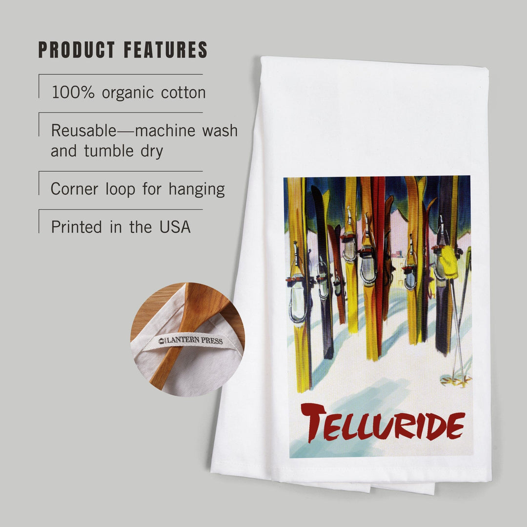 Telluride, Colorado, Colorful Skis, Organic Cotton Kitchen Tea Towels Kitchen Lantern Press 