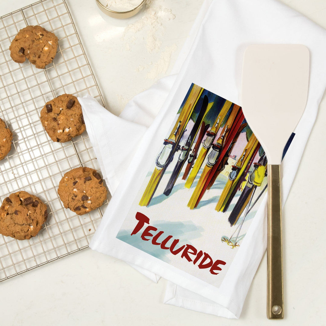 Telluride, Colorado, Colorful Skis, Organic Cotton Kitchen Tea Towels Kitchen Lantern Press 