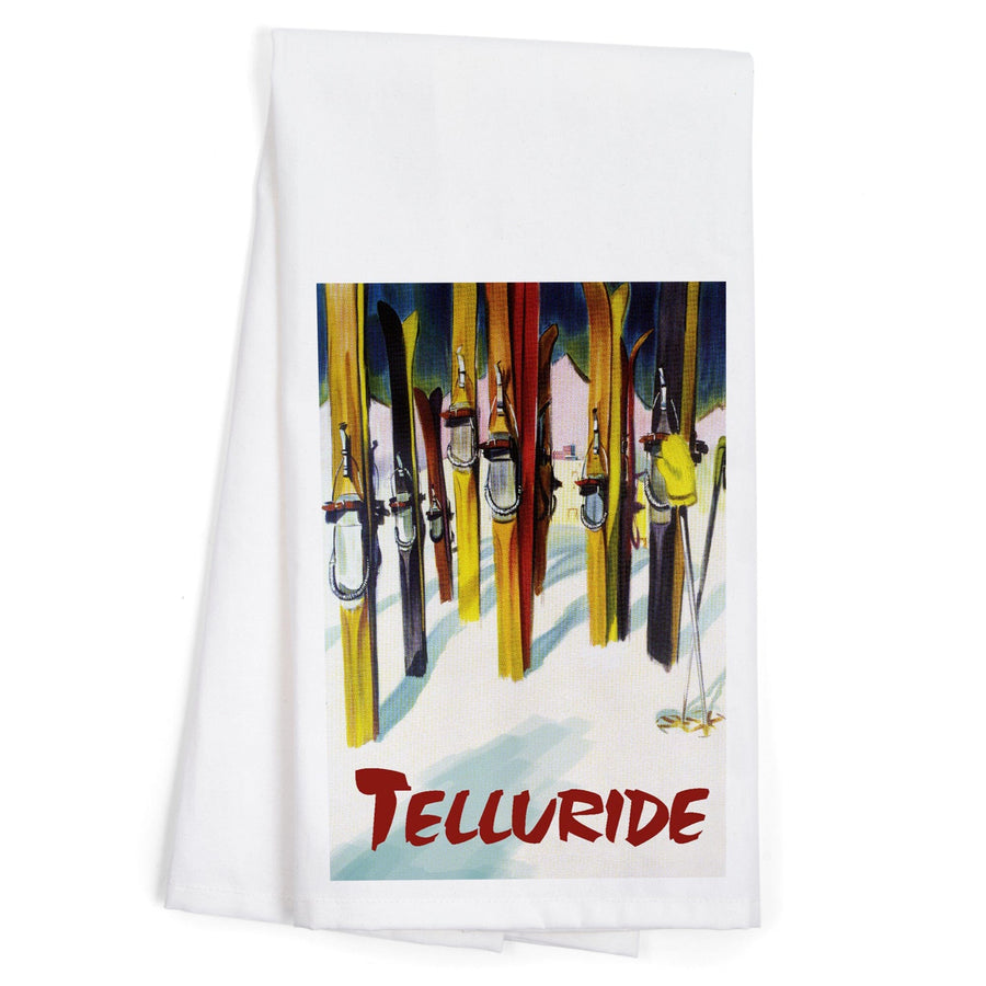 Telluride, Colorado, Colorful Skis, Organic Cotton Kitchen Tea Towels Kitchen Lantern Press 