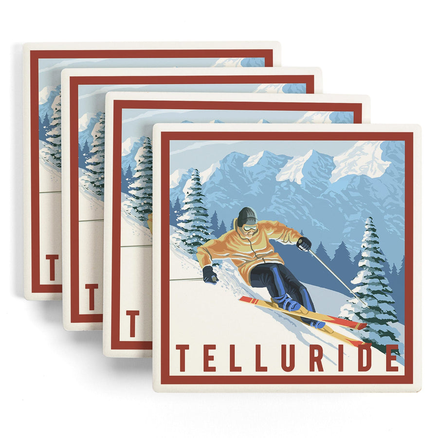 Telluride, Colorado, Downhill Skier, Lantern Press Artwork, Coaster Set Coasters Lantern Press 