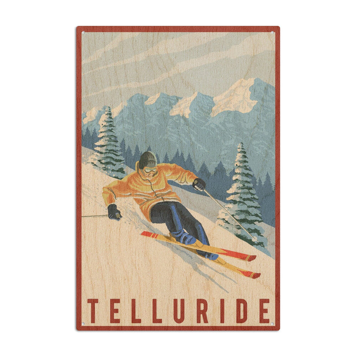 Telluride, Colorado, Downhill Skier, Lantern Press Artwork, Wood Signs and Postcards Wood Lantern Press 10 x 15 Wood Sign 