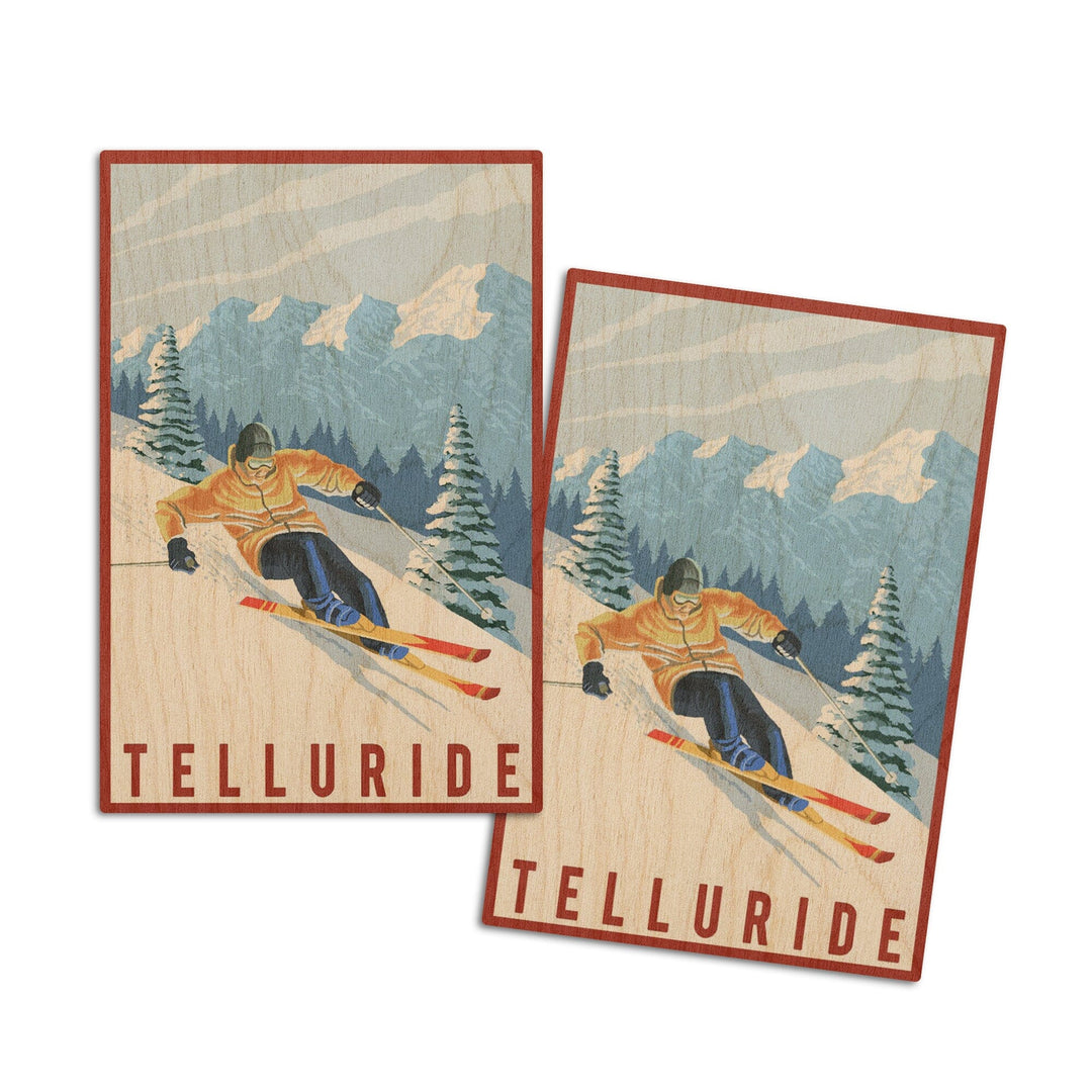 Telluride, Colorado, Downhill Skier, Lantern Press Artwork, Wood Signs and Postcards Wood Lantern Press 4x6 Wood Postcard Set 