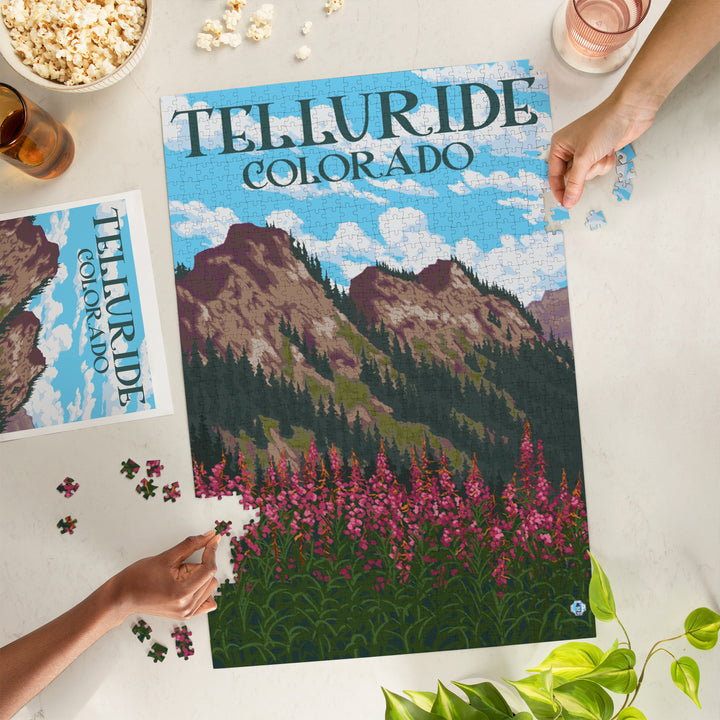Telluride, Colorado, Fireweed and Mountains, Jigsaw Puzzle Puzzle Lantern Press 
