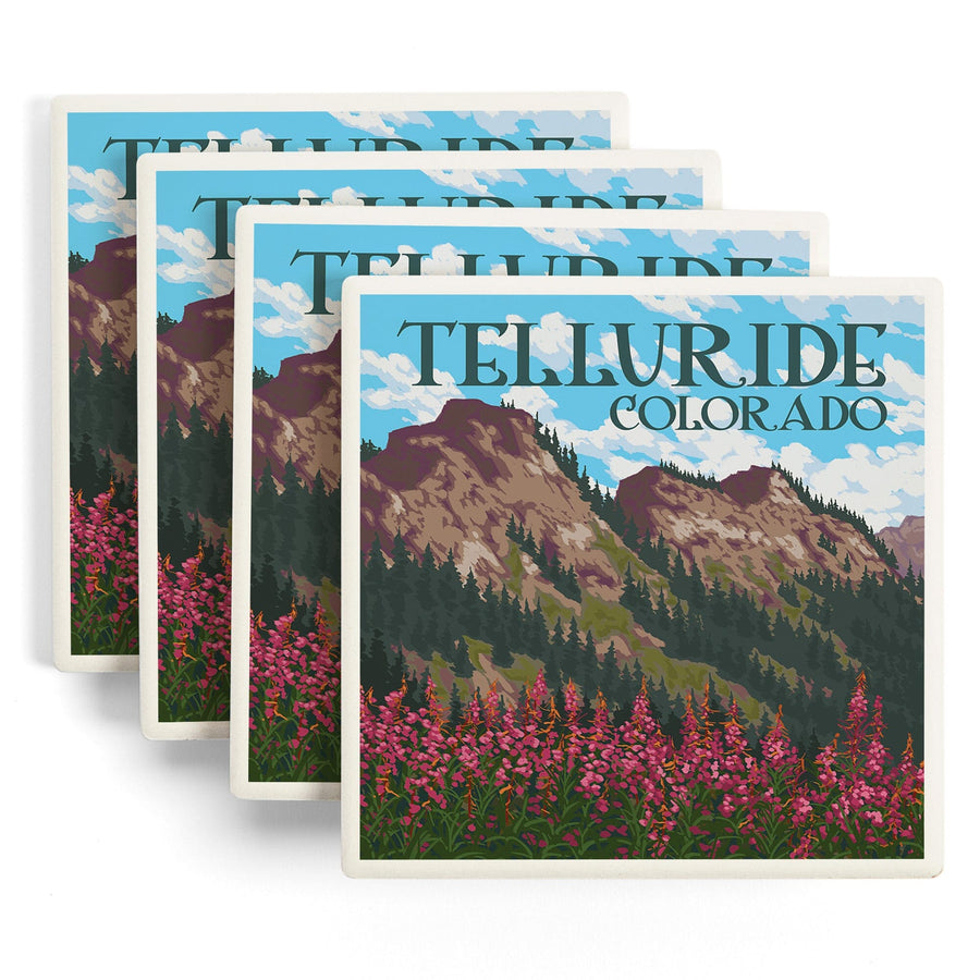 Telluride, Colorado, Fireweed & Mountains, Lantern Press Artwork, Coaster Set Coasters Lantern Press 