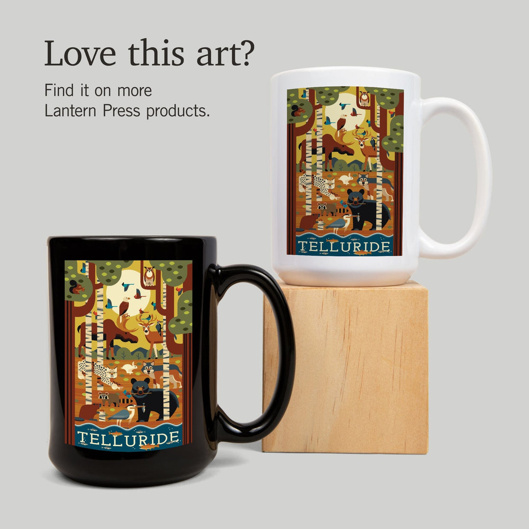 Telluride, Colorado, Forest Animals, Geometric, Lantern Press Artwork, Ceramic Mug Mugs Lantern Press 