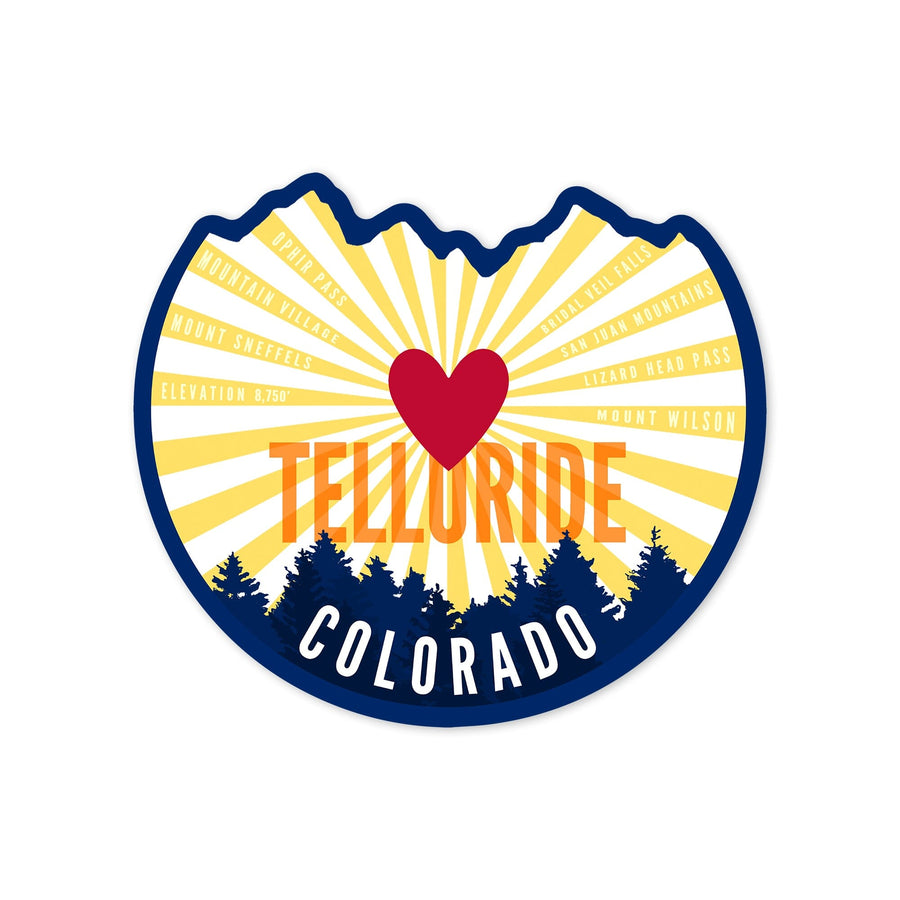 Telluride, Colorado, Heart & Mountains, Contour, Lantern Press Artwork, Vinyl Sticker Sticker Lantern Press 