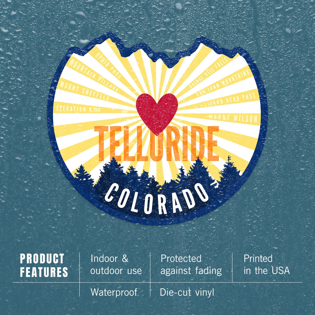 Telluride, Colorado, Heart & Mountains, Contour, Lantern Press Artwork, Vinyl Sticker Sticker Lantern Press 