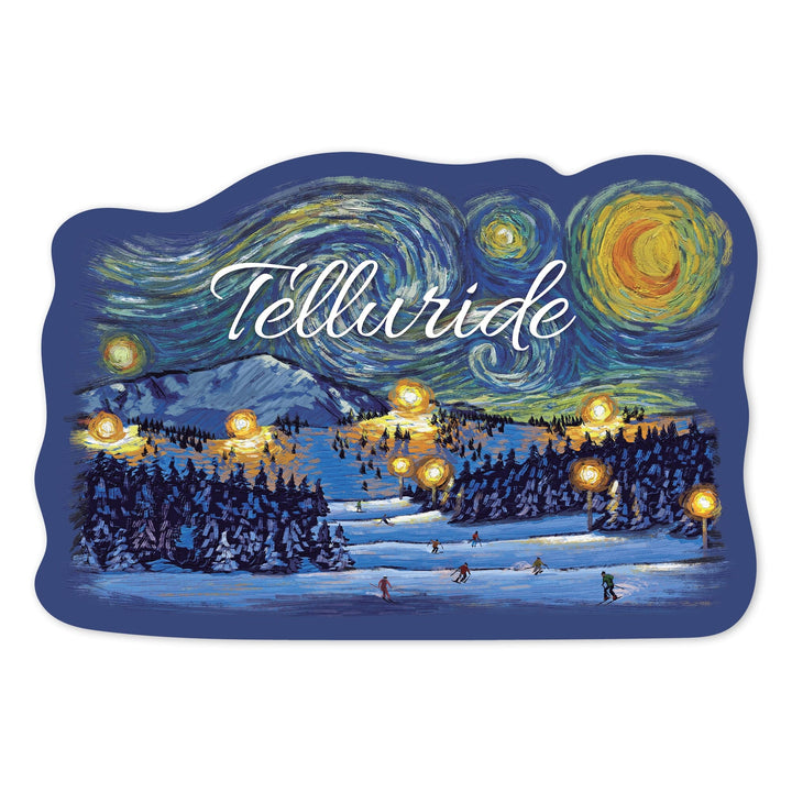 Telluride, Colorado, Ski Hill with Mountain, Stary Night, Contour, Vinyl Sticker Sticker Lantern Press 